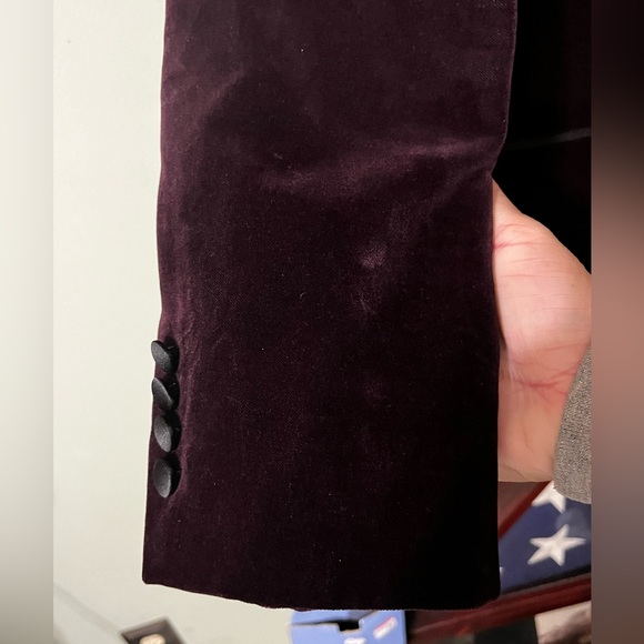 Coppley Men’s Burgundy Velvet Tuxedo Black Trim Smoking Jacket Blazer - Picture 5 of 8